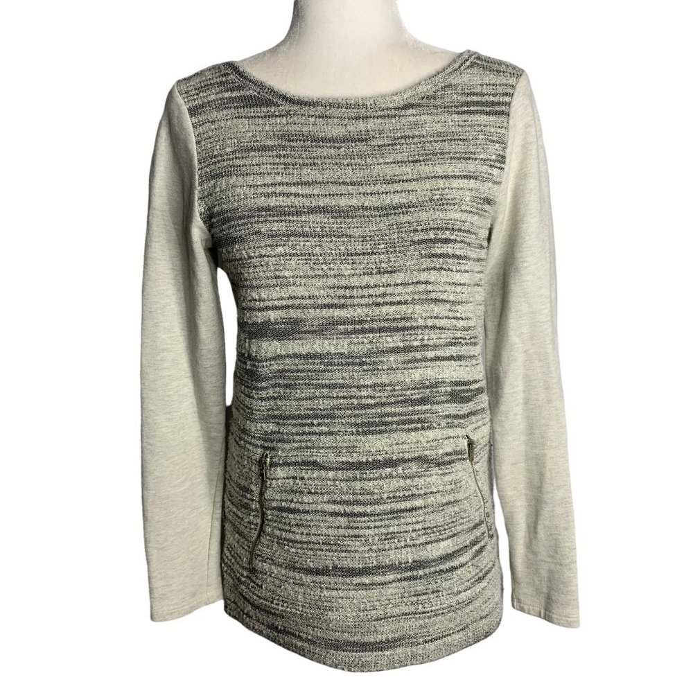 LOFT Boucle Pullover Sweater XS Black Grey Zippered Pockets Round Neck